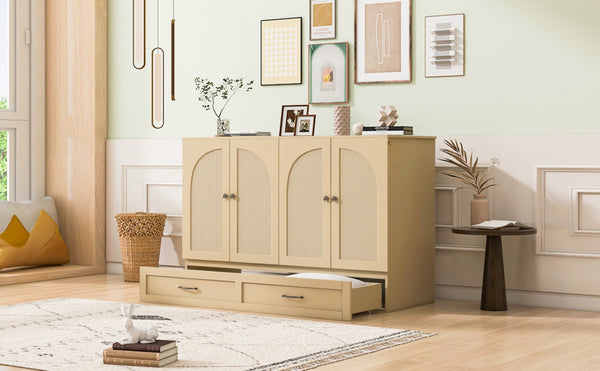English Elm Full Size Murphy Bed Rattan Cabinet with Storage Drawers and Gold Hardware Gold N708S00009G