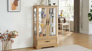English Elm Glass Lighted Curio Cabinet with Adjustable Glass Shelves, 2 Doors 1 Drawer, Oak Finish, Bulb Included and Anti-Tip Safety Strap for Secure Display of Collectibles W2275P178890