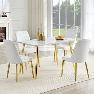 English Elm Table and Chair Set Marble Glass Top Gold Legs Pu Leather Seats Modern Dining White+Gold W1151S04635