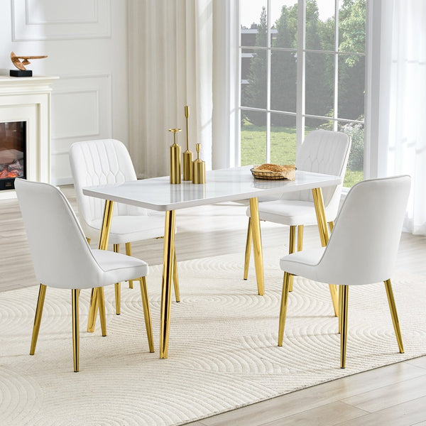 English Elm Table and Chair Set Marble Glass Top Gold Legs Pu Leather Seats Modern Dining White+Gold W1151S04635