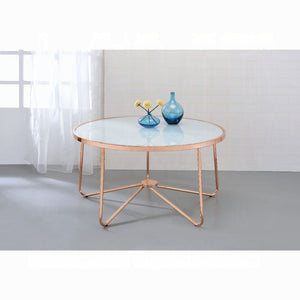 English Elm Rose Frosted Glass Top Coffee Table with Metallic Base 34" Round Modern Occasional Table for Living Room Stylish Centerpiece, Easy Assembly Rose Gold 39 L x 39 W x 5 H B2741P332647