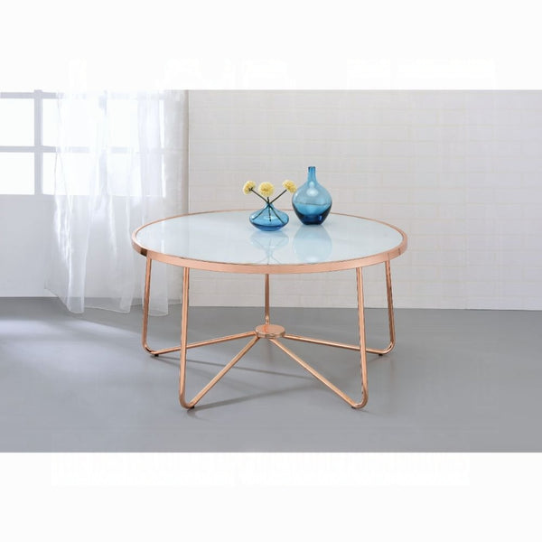 English Elm Rose Frosted Glass Top Coffee Table with Metallic Base 34" Round Modern Occasional Table for Living Room Stylish Centerpiece, Easy Assembly Rose Gold 39 L x 39 W x 5 H B2741P332647