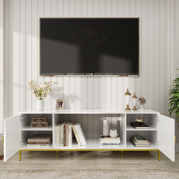 English Elm 70 Electric Fireplace TV Stand with Honeycomb Doors & Gold Legs, Sturdy MDF Console with Adjustable Shelves and Open Storage for Modern Living Room White 75.6 L x 19.3 W x 5.5 H T3609P332396