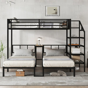 English Elm Twin Bunk Beds For 3 With Desk & Shelves, Space-Saving Metal Triple Bunk Bed, Noise Reduction, Black W1580S00116-GIGA