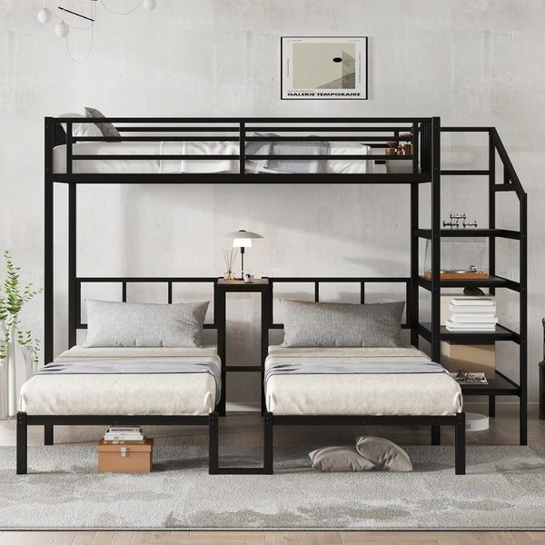 English Elm Twin Bunk Beds For 3 With Desk & Shelves, Space-Saving Metal Triple Bunk Bed, Noise Reduction, Black W1580S00116-GIGA