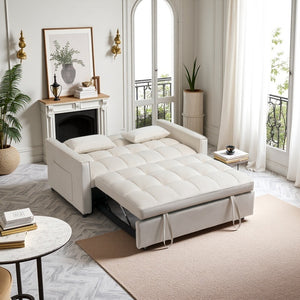 English Elm Sleeper 3-in-1 Velvet Pull-Out Sofa Bed with Adjustable Backrest, Storage Pockets, 2 Pillows, Cream W3138P281697