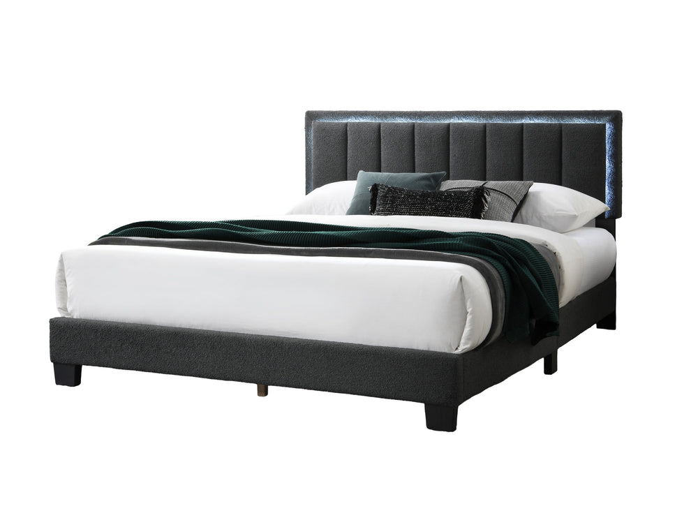 English Elm 1pc Queen Size Bed Wool Upholstered Platform with Channel Tufted Headboard and Built‑In LED Lighting Charcoal 66 L x 29 W x 9 H B011P238968