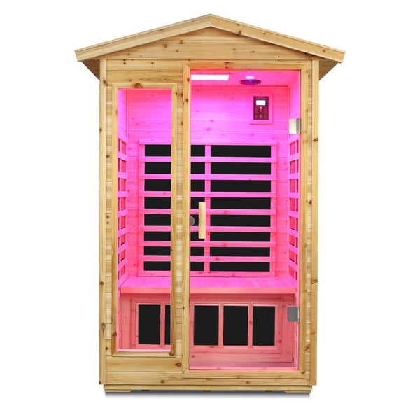 English Elm Two Person Far Infrared Outdoor Sauna Fir Wood Cabin with Bluetooth and Lcd Control W632S00031