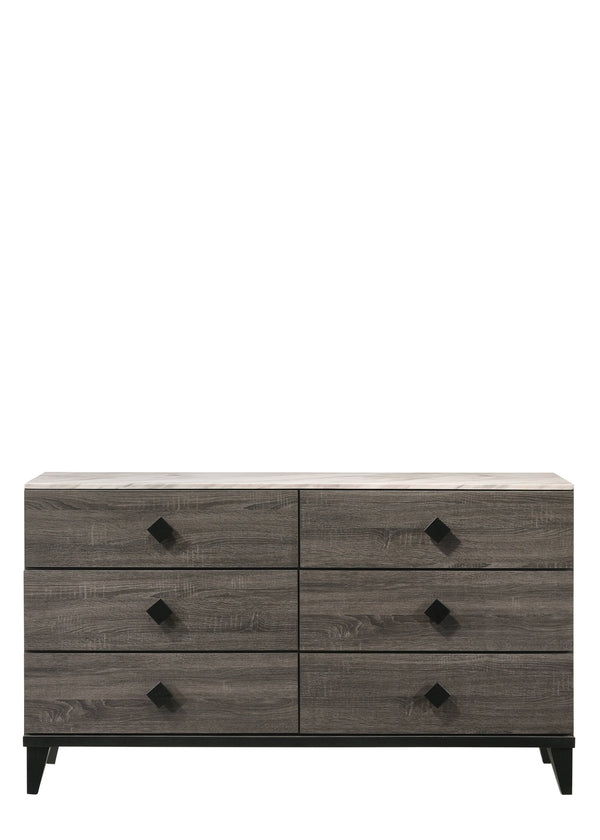 English Elm Avantika Faux Marble Top Dresser with 6 Spacious Drawers, Rustic Gray Oak, Wood Knobs, Modern Luxury B2726P261880