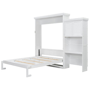 English Elm Queen Size Murphy Bed With Stylish Louvered Design, Multi-Storage Shelves, And Elegant White Finish N7090004018K-GIGA