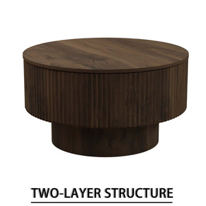 English Elm 29.53 Inch Round Mdf Coffee Table Sculptural Grooved Silhouette with Hidden Storage W2189P320663