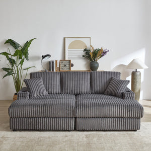 English Elm 84Inch Corduroy sofa with deep seats, 3 back pillows, 2 toss pillows, ottomans, cup grooves, storage Grey W834S00358