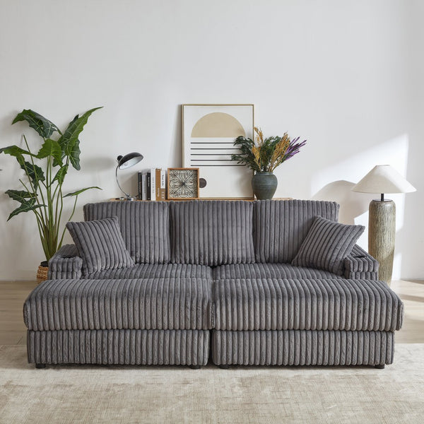 English Elm 84Inch Corduroy sofa with deep seats, 3 back pillows, 2 toss pillows, ottomans, cup grooves, storage Grey W834S00358
