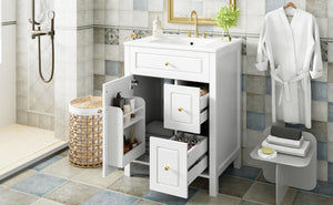 English Elm 24-Inch Bathroom Vanity with Ceramic Sink, Soft-Close Door & Drawers, Gold Handles, Durable Wood Elegance White N729P192078K