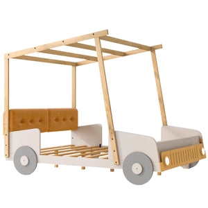 English Elm Wood Full Size Car Bed with LED Night Lights, Pine Frame, Imaginative Canopy & Cozy Pillow (Natural) WF309289AAM