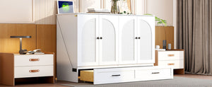English Elm Full Size Murphy Bed Rattan Cabinet with Storage Drawers and Gold Hardware White N708S00009K