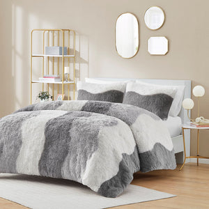 English Elm Twin/Twin Cassie Ombre Shaggy Faux Fur Comforter Set – Tonal Wave Stripes, Reversible Grey, OEKO-TEX B035P148298