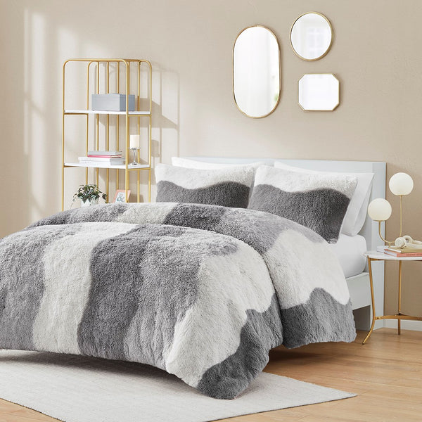English Elm Twin/Twin Cassie Ombre Shaggy Faux Fur Comforter Set – Tonal Wave Stripes, Reversible Grey, OEKO-TEX B035P148298