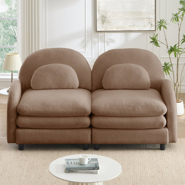 English Elm Teddy Fleece Curved Loveseat Modular Two Seater Sofa with Cloud Soft Double Layer Cushions Camel W5656S00096