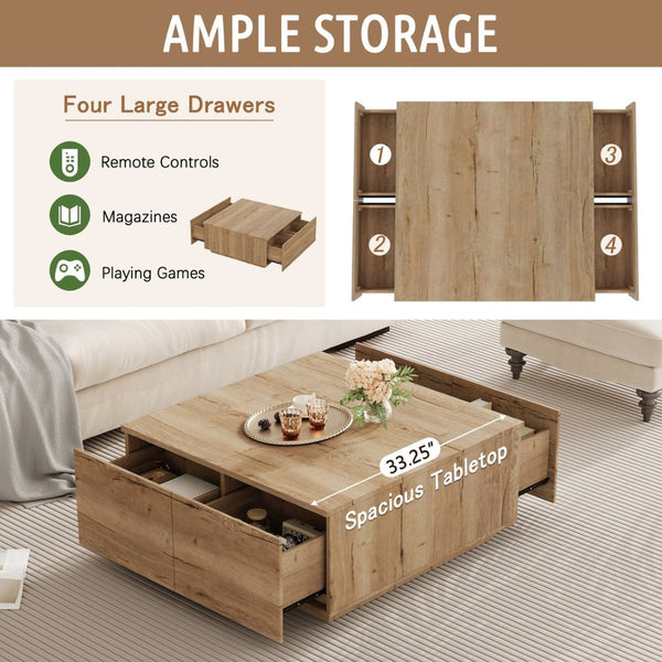 English Elm 33.25" Square Storage Coffee Table Four Drawer Matte Mdf Living Room Centerpiece Natural N735P422508N