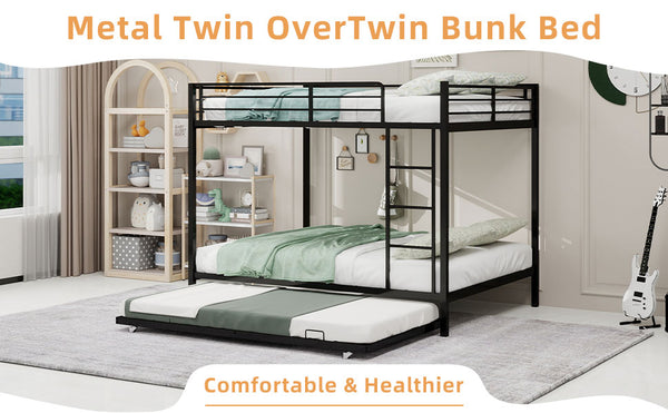 English Elm Durable Iron Bunk Bed With Trundle, Safety Rails & Modern Design – Perfect For Kids, Guests & Space-Saving! W1935P360854