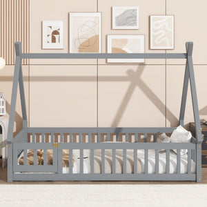 English Elm Twin Teepee Floor Bed With Guardrails And Slats - Cozy, Durable Design For Imaginative Kids' Rooms W504P345780-GIGA