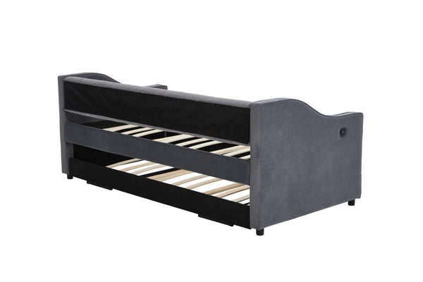 English Elm Twin Velvet Daybed with Pull Out Trundle Tufted Back Usb Port and Side Pockets Grey W1361S00036