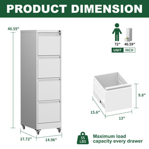 English Elm 4 Drawer Locking File Cabinet on Wheels with Anti-Tilt System, Corrosion-Resistant Metal, Secure Mobile Storage White T2398P310005