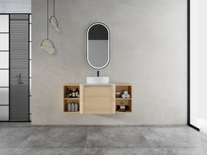 English Elm 48'' Wall-Mounted Bathroom Vanity With Elegant Ceramic Sink, Soft-Close Door & Open Storage Shelves W999S00469