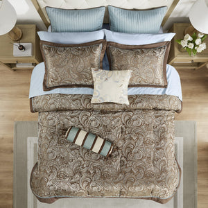 English Elm 12 Piece Comforter Set - Luxurious Blue & Taupe Bedding With Cotton Sheets For Queen Size Beds B035128822