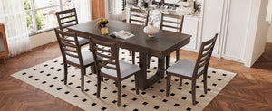 English Elm 7 Extendable Dining Table Set with 18" Leaf and 6 Upholstered Chairs — Rustic Farmhouse 60–78" Wood Veneer Table Brown N752S000090D