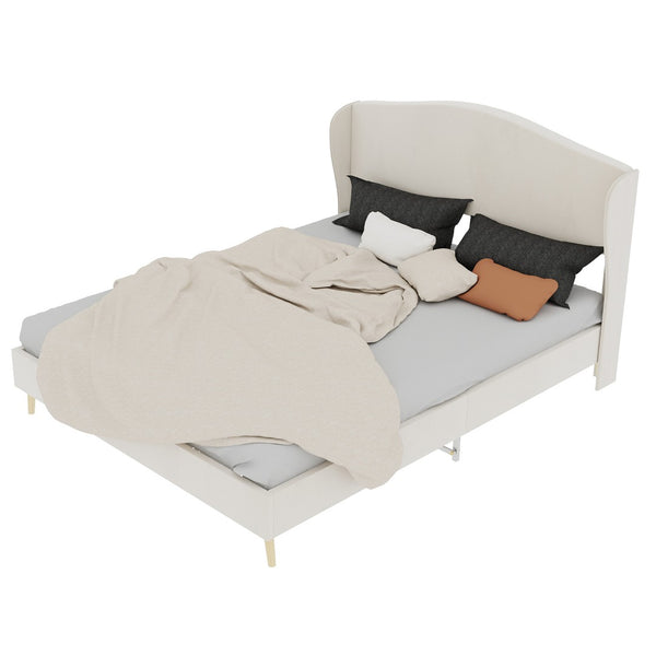English Elm Velvet Tufted Queen Platform Bed Diamond Headboard for Elegant Master Bedroom Beige W1935P361022