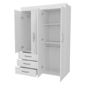 English Elm White 4-Door Wardrobe with Drawers and Shelf — Spacious Concealed Storage, 3 Drawers, 2 Shelves, Timeless White Finish B062S00627
