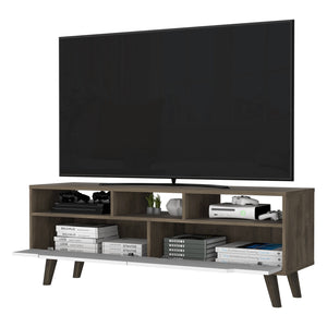 English Elm Hamburg Modern TV Stand for TVs up to 60" — Dark Walnut-White, 3 Open Shelves, 2 Cabinets, 4 Legs B128P148920