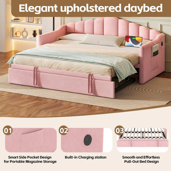English Elm Upholstered Twin Daybed with Pop up Trundle Velvet Frame and Built in Usb Charging Pink N733S410648H