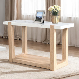 English Elm 1pc Sofa Table Faux Marble Top Two-Tone Design Contemporary Accent Console with Sleek Storage Appeal and Modern Flair Natural,White 54 L x 22 W x 14 H B2741P402820