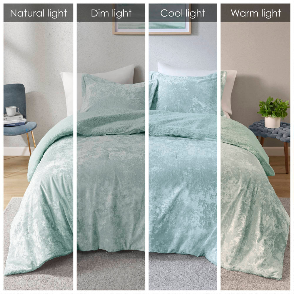 English Elm 3 Pcs King/Cal King Reversible Comforter Set In Aqua - Luxurious Crushed Velvet & Cozy Sherpa Design B035P319861