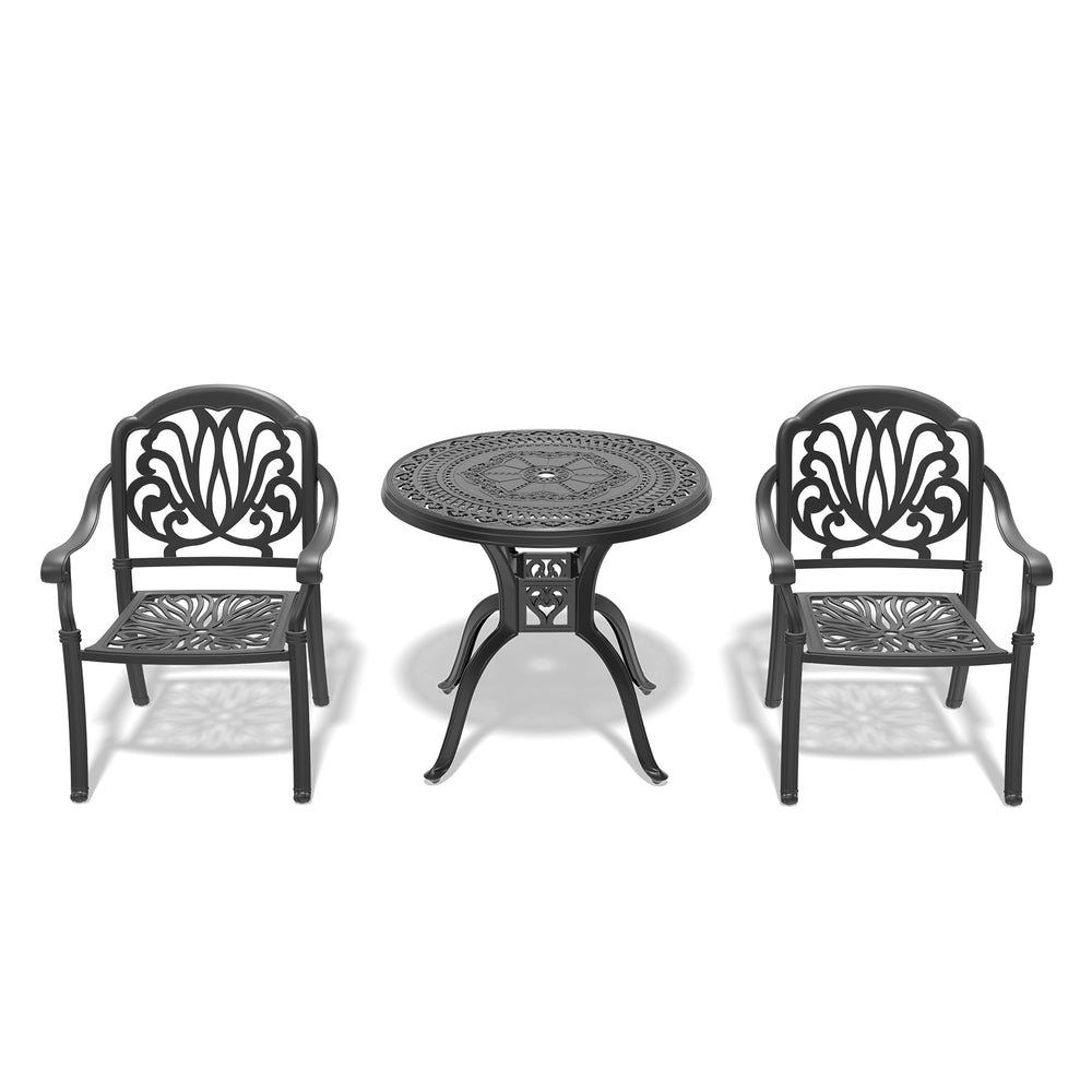 English Elm 3-Piece Elegant Cast Aluminum Patio Set With Brown Cushions – Durable, Space-Saving Design For Two! W1710S00055