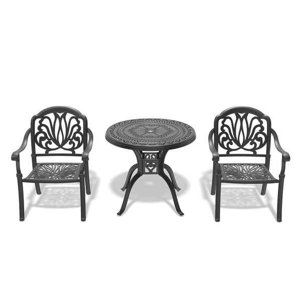 English Elm 3-Piece Elegant Cast Aluminum Patio Set With Brown Cushions – Durable, Space-Saving Design For Two! W1710S00055