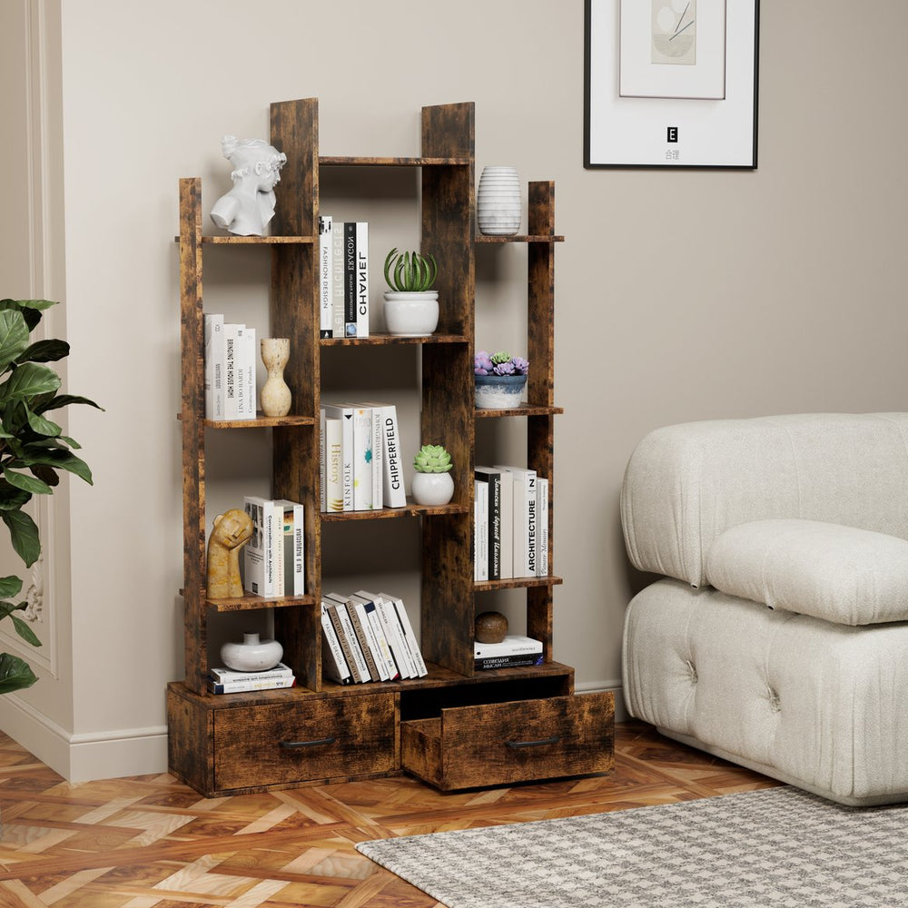 English Elm Bookshelf Rustic Brown 12 Open Shelves & 2 Drawers Industrial Space-Saving Bookcase for Home Office W578P207921