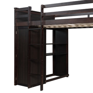 English Elm Full Twin Loft Bed with Desk Wardrobe Shelves Pine Wood Frame Kids Bedroom Espresso LT000821AAP-1