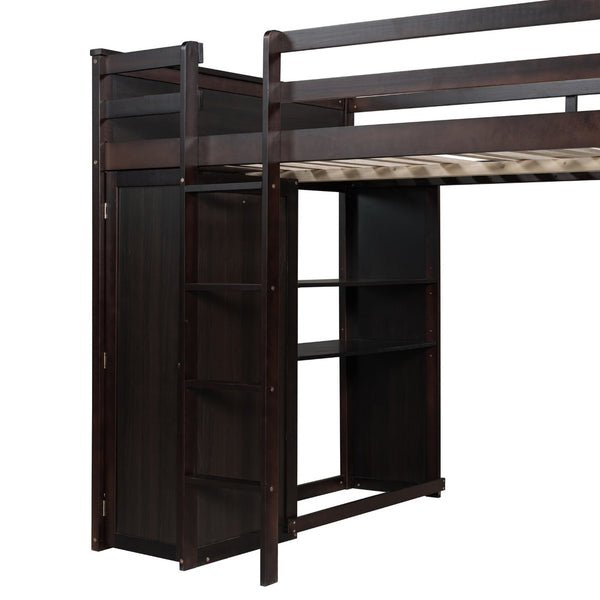 English Elm Full Twin Loft Bed with Desk Wardrobe Shelves Pine Wood Frame Kids Bedroom Espresso LT000821AAP-1