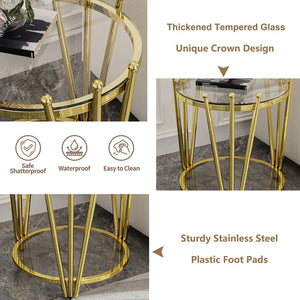 English Elm 19.69inch Gold Round Coffee Table with Crown Frame, 8mm Tempered Glass, Stainless Steel Base, Chic Storage Clear W1550P171466