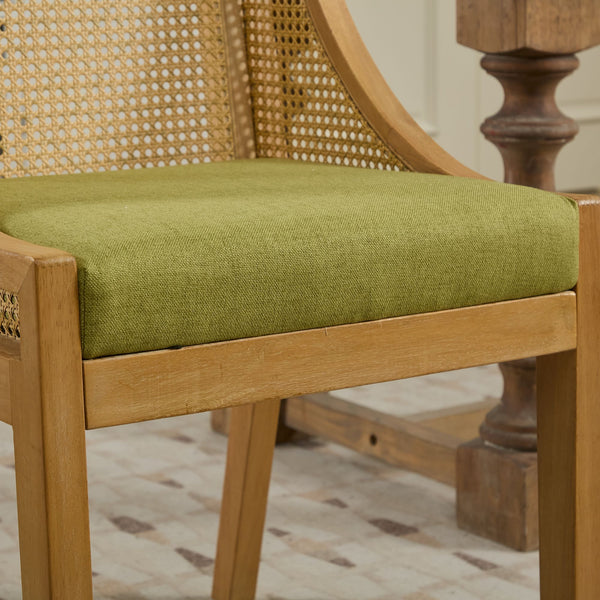 English Elm Rattan Solid Wood Dining Chair with Linen Seat and Decorative Armrests, Rustic Faux Rattan Elegance for Home Olive Green W1143P335054