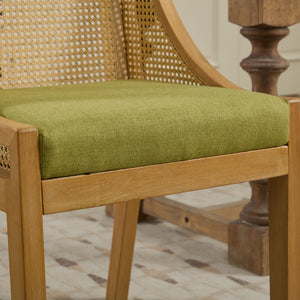 English Elm Rattan Solid Wood Dining Chair with Linen Seat and Decorative Armrests, Rustic Natural Finish Olive Green W1143P335054