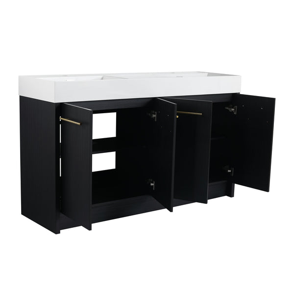 English Elm 60 Inch Freestanding Bathroom Vanity With Resin Double Sink & Soft-Close Doors For Modern Spaces W999S00181