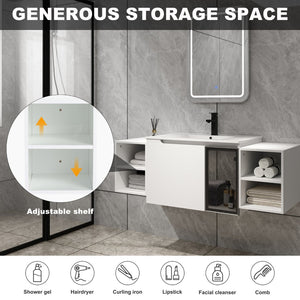 English Elm 54" Floating Bathroom Vanity Glossy White Plywood Cabinet with Ceramic Sink Grey Glass Door W999S00530