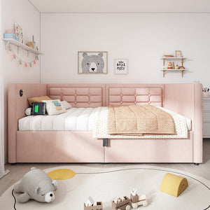 English Elm Upholstered Twin Daybed with Hydraulic Storage, Velvet Tufted Sofa Back, USB & Type-C Charging Port Pink N736P303402P
