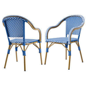 English Elm Outdoor Woven Rattan Bistro Armchairs Set of 2 Aluminum Frame Patio Cafe Seating Blue,Natural+White N768P386559N