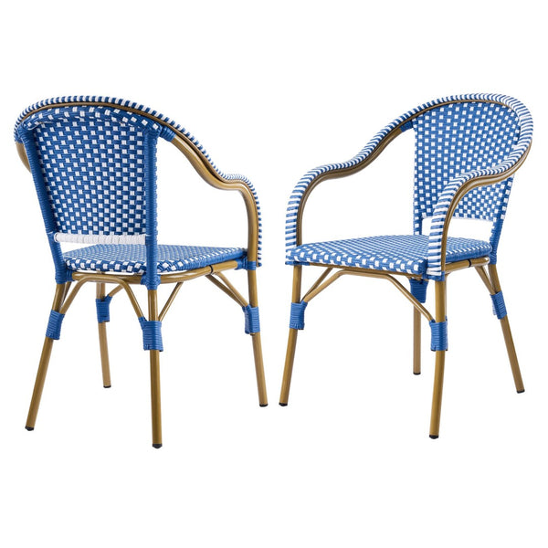 English Elm Outdoor Woven Rattan Bistro Armchairs Set of 2 Aluminum Frame Patio Cafe Seating Blue,Natural+White N768P386559N